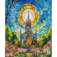 Faith In Full Color,Turquoise/Multi Stained Glass Church